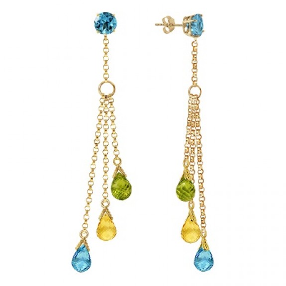 Galaxy Gold 14K Solid White Gold Chandelier Earrings w/ Blue Topaz, Citrines & Peridots