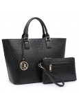 Dasein Fashion Embossed Pattern Tote with Matching Wallet Black