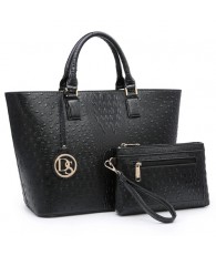 Dasein Fashion Embossed Pattern Tote with Matching Wallet Black
