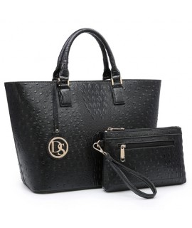 Dasein Fashion Embossed Pattern Tote with Matching Wallet Black