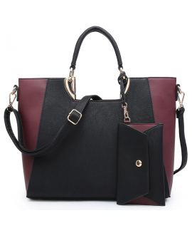 Dasein Faux Leather Semi Square Handle Tote with Matching Wristlet Black/ Wine