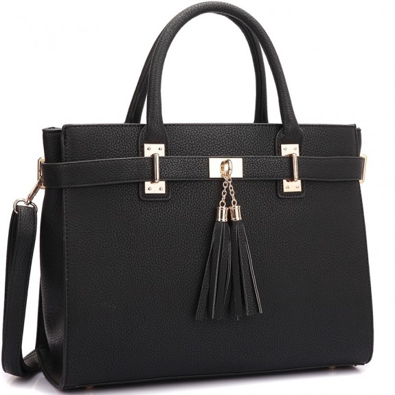 Dasein Faux Leather Double Tassel Satchel with Shoulder Strap 