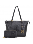 Ostrich Embossed Tote with Dangling Emblem Logo Deco and with Matching wallet, Black