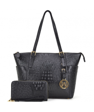 Ostrich Embossed Tote with Dangling Emblem Logo Deco and with Matching wallet, Black