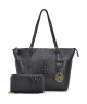Ostrich Embossed Tote with Dangling Emblem Logo Deco and with Matching wallet, Black