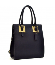 Dasein Structured Faux Leather Tote Bag with Gold-Tone Accent Black